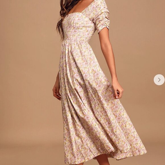 Free People She's A Dream Cream Floral Print Puff Sleeve Midi Dress EUC size 4 - Picture 1 of 7